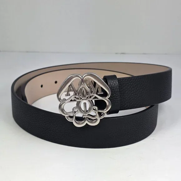 Alexander McQueen Black Leather Belt w/ AM Monogram Buckle — Size 90/36 (Italy) - Picture 2 of 8